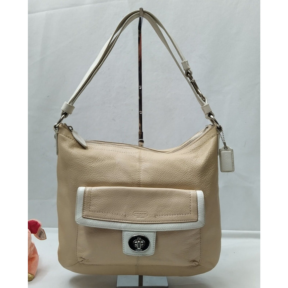 Coach Penelope Beige Pebbled Leather Turnlock Front Pocket Zipper Shoulder Bag - Picture 1 of 16
